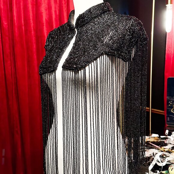 Black Fringe Cape, Beaded Rhinestone Shawl, Luxury Sequin Cape - Picture 6 of 13